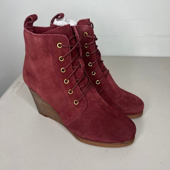 Diba Blake Burgundy Leather Lace Up Wedge Booties 7.5 - Picture 4 of 8